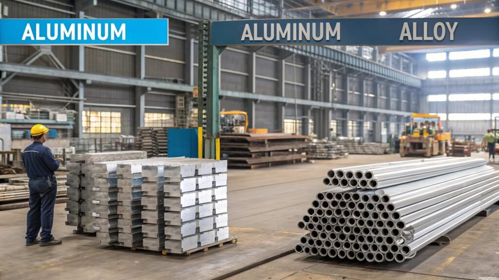 A simple diagram showing a pure aluminum atom versus a lattice structure of aluminum atoms mixed with atoms of other elements (e.g., magnesium, copper).